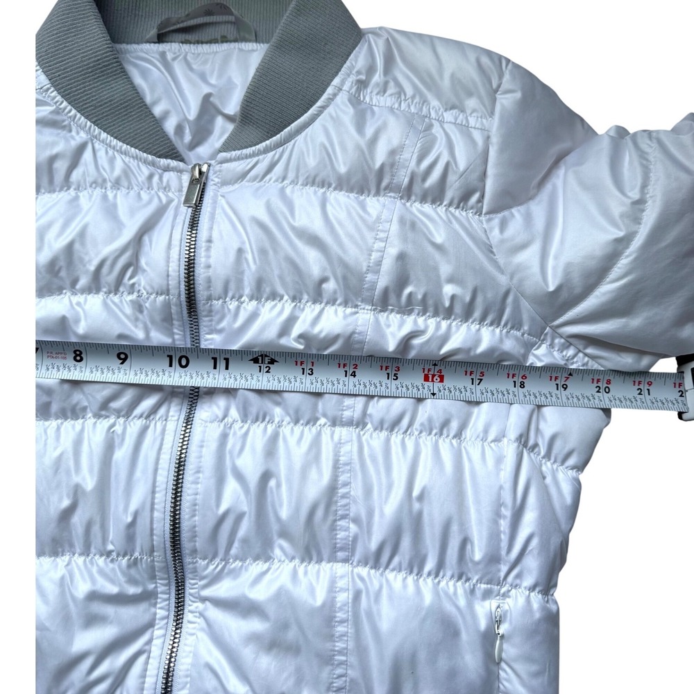 Athleta Down Bomber Jacket Small White Gray Trim Puffer Goose Down Zip - Picture 7 of 7
